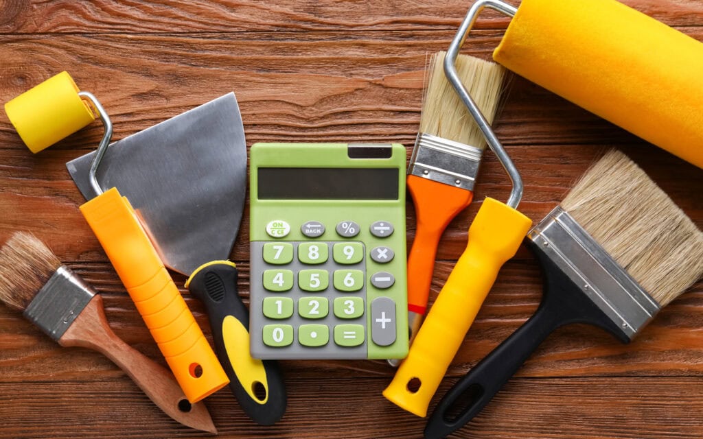 various painting tools and a calculator